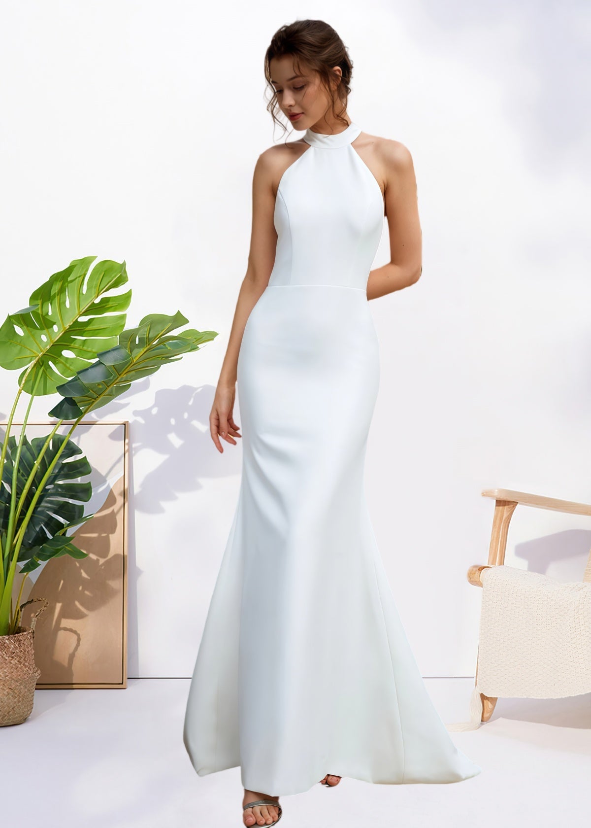 Harriet | Simple Mermaid Halter Neck Backless White Satin Wedding Dress with Bow - Price #price_variant_lowest# - White - PromDressClub