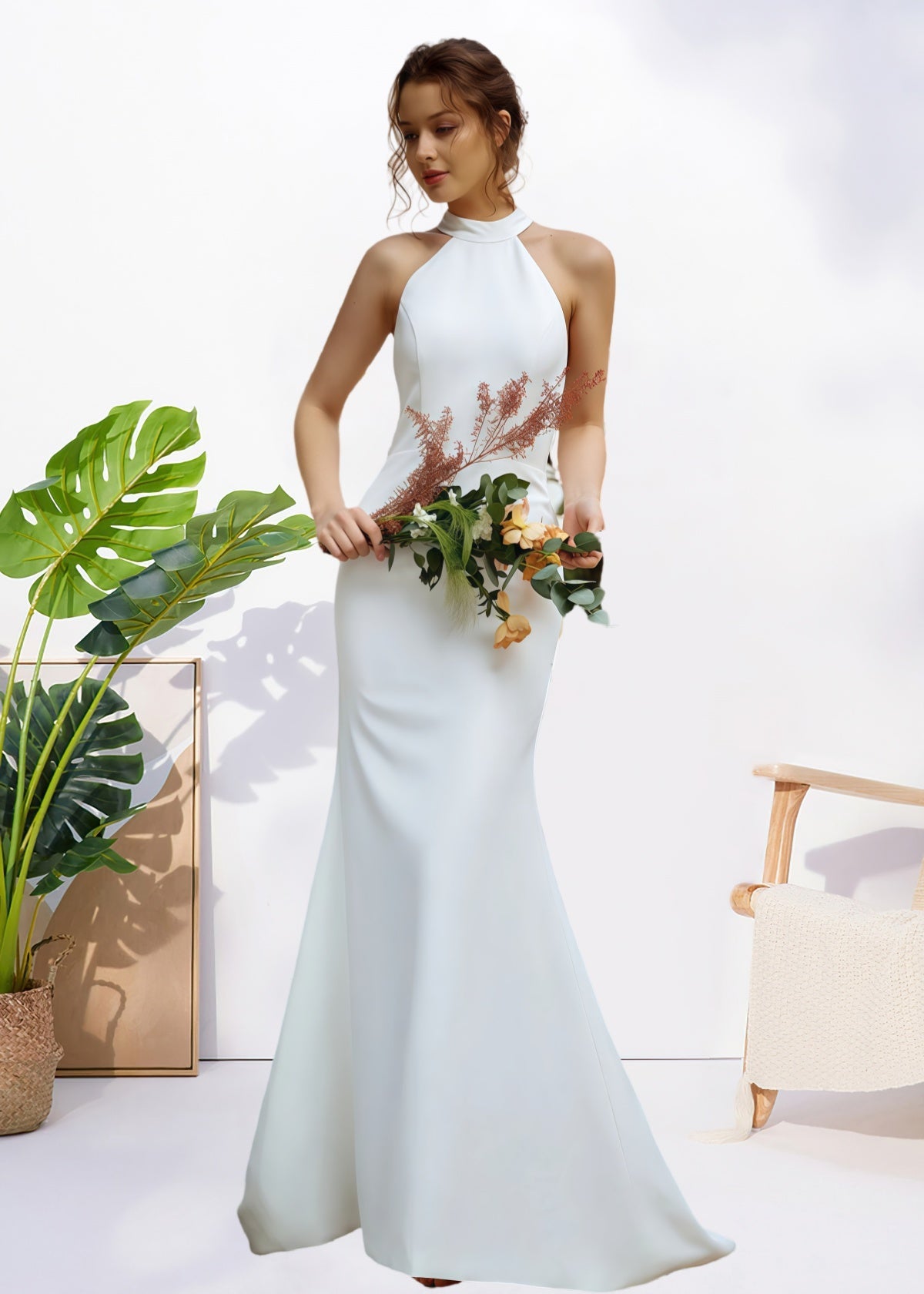 Harriet | Simple Mermaid Halter Neck Backless White Satin Wedding Dress with Bow - Price #price_variant_lowest# - White - PromDressClub
