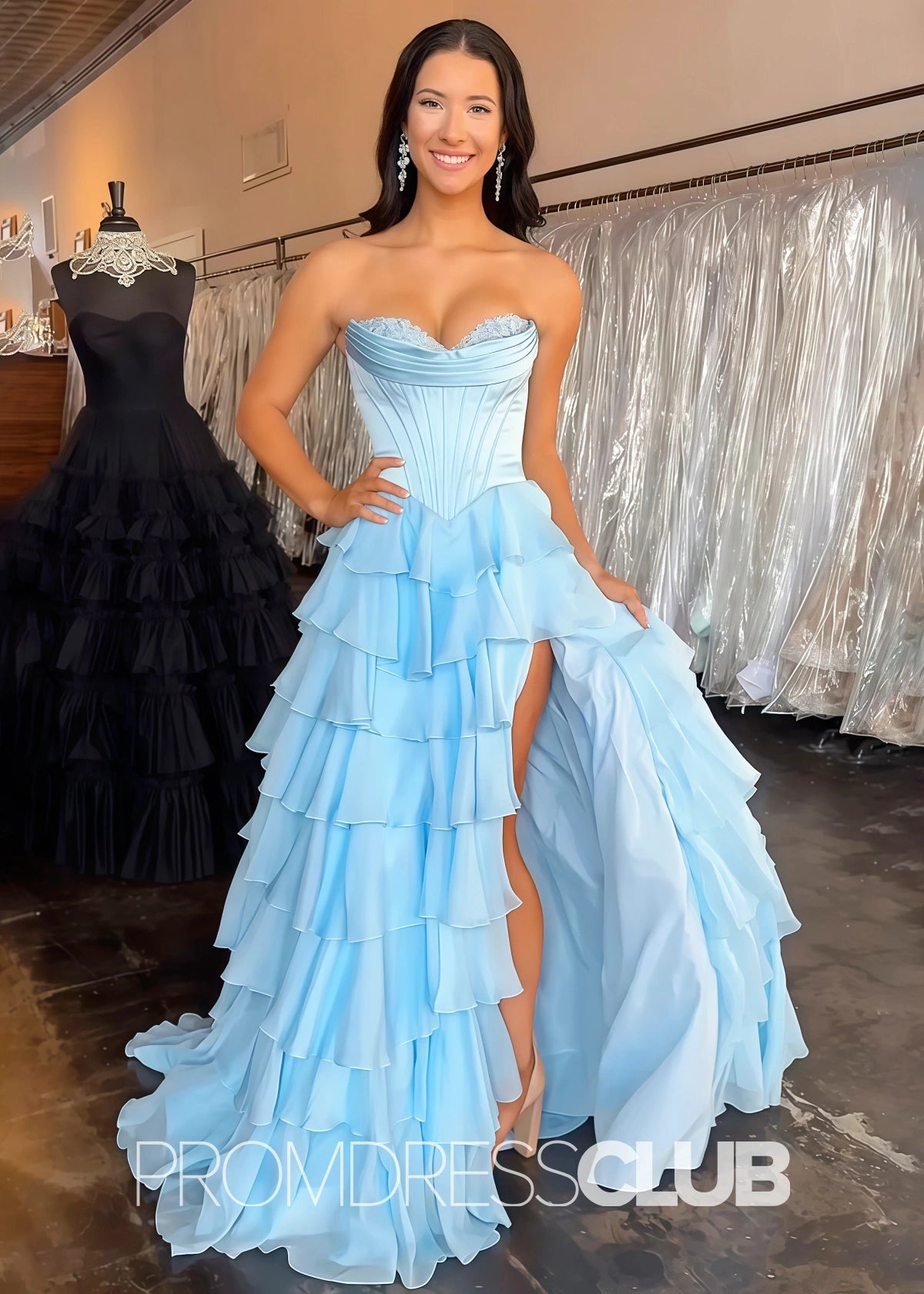 Harriet | Strapless Sweetheart Ruffle Red Prom Dress - Navy Blue - PromDressClub