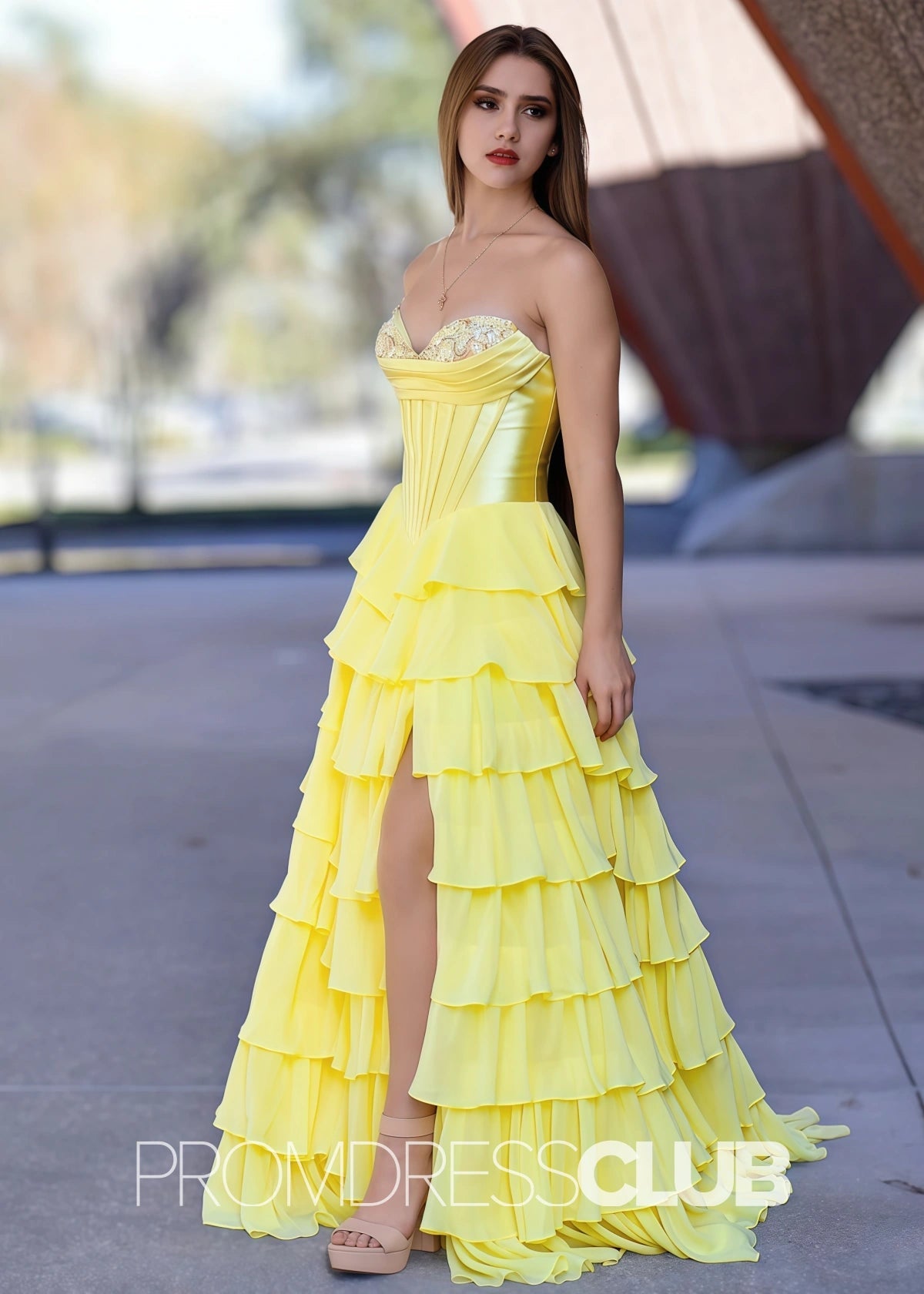 Harriet | Strapless Sweetheart Ruffle Red Prom Dress - Yellow - PromDressClub