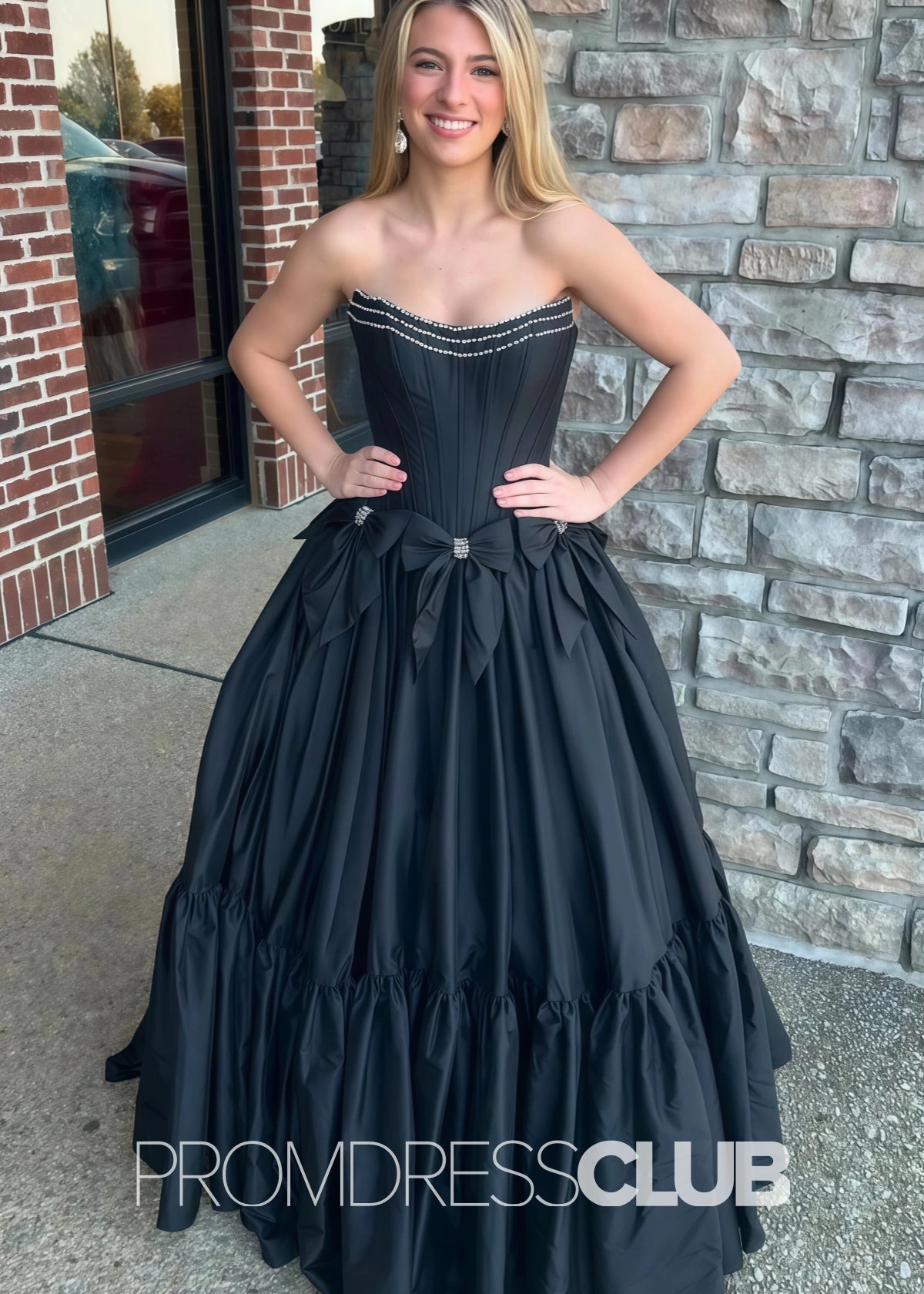 Hazel | A Line Bow Knots Long Prom Dress Light Blue - Price #price_variant_lowest# - Black - PromDressClub