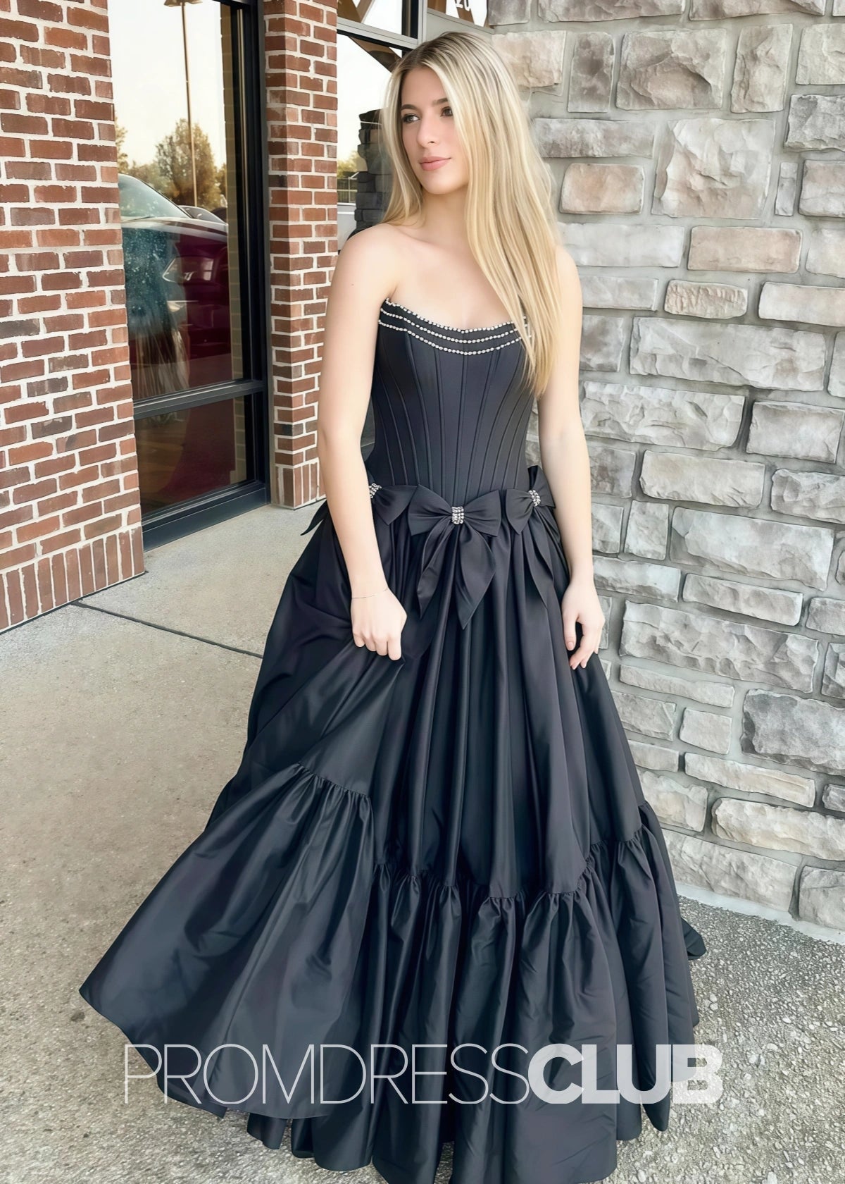 Hazel | A Line Bow Knots Long Prom Dress Light Blue - Price #price_variant_lowest# - Black - PromDressClub