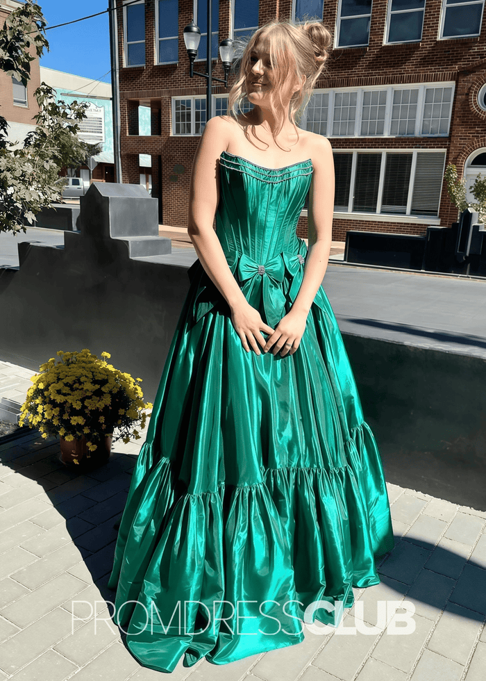 Hazel | A Line Bow Knots Long Prom Dress Light Blue - Price #price_variant_lowest# - Emerald Green - PromDressClub