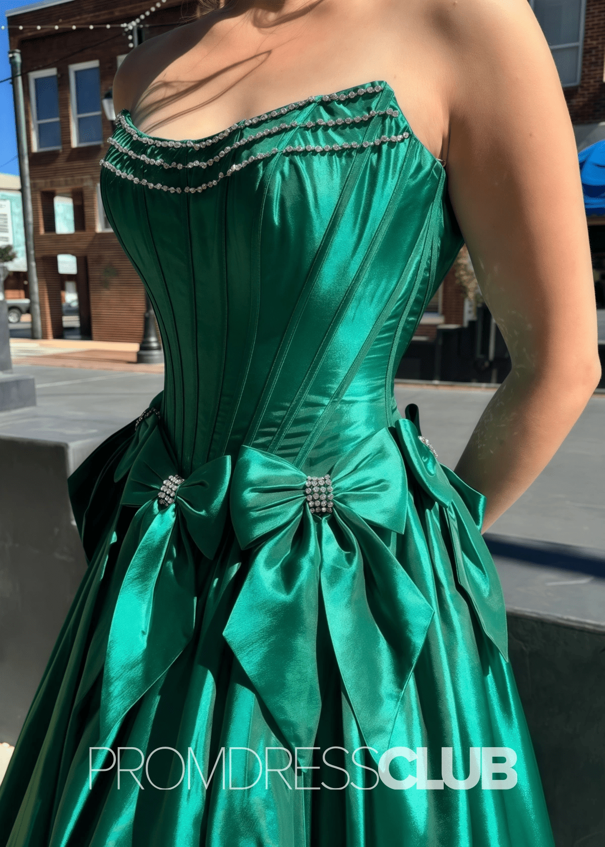 Hazel | A Line Bow Knots Long Prom Dress Light Blue - Emerald Green - PromDressClub