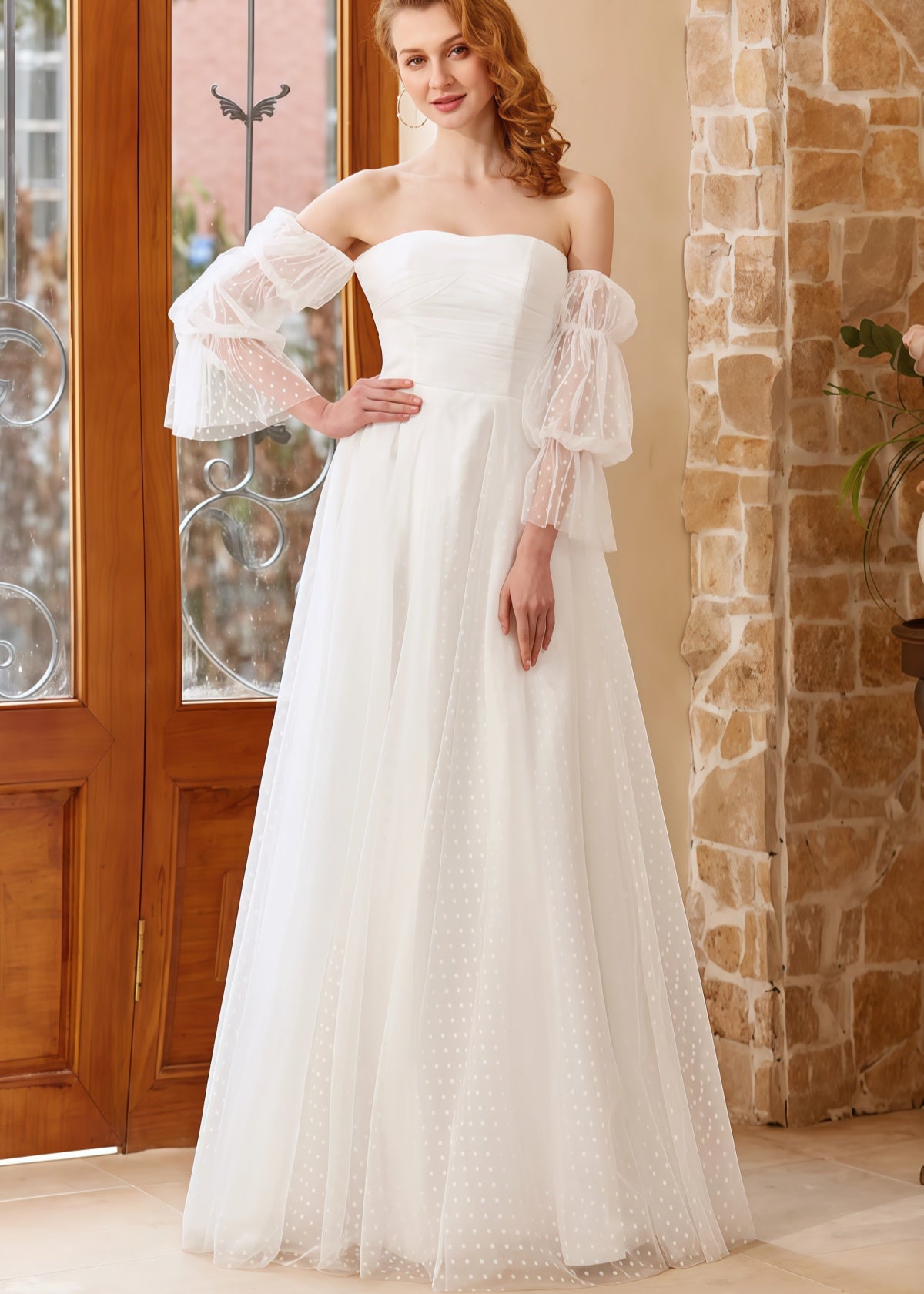 Hazel | A Line Off the Shoulder Strapless Puff Sleeve White Tulle Wedding Dress with Polka Dots - Price #price_variant_lowest# - White - PromDressClub