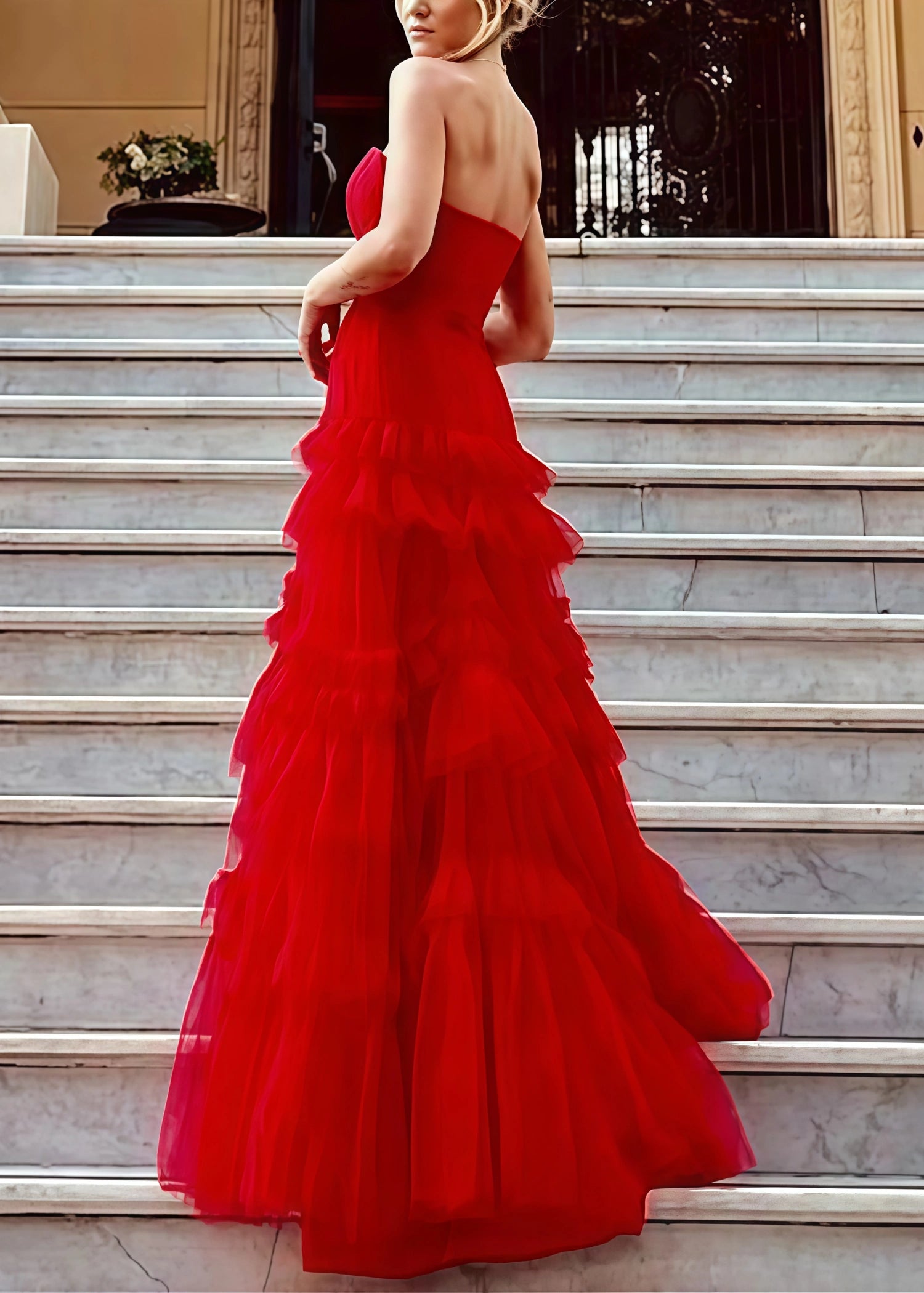 Hazel | A Line Red Strapless Corset Tulle Formal Dress Ruffle - Red - PromDressClub