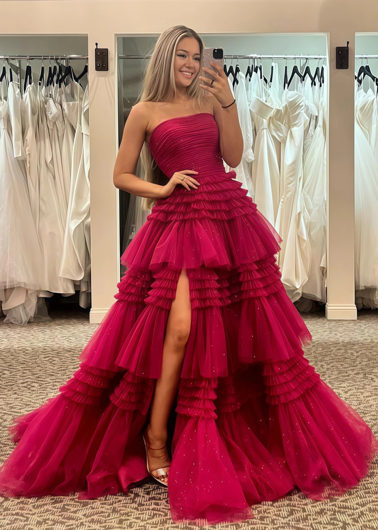 Hazel | Burgundy Red A Line Strapless Corser Tulle Ruffle Prom Dress with Slit - Burgundy - PromDressClub