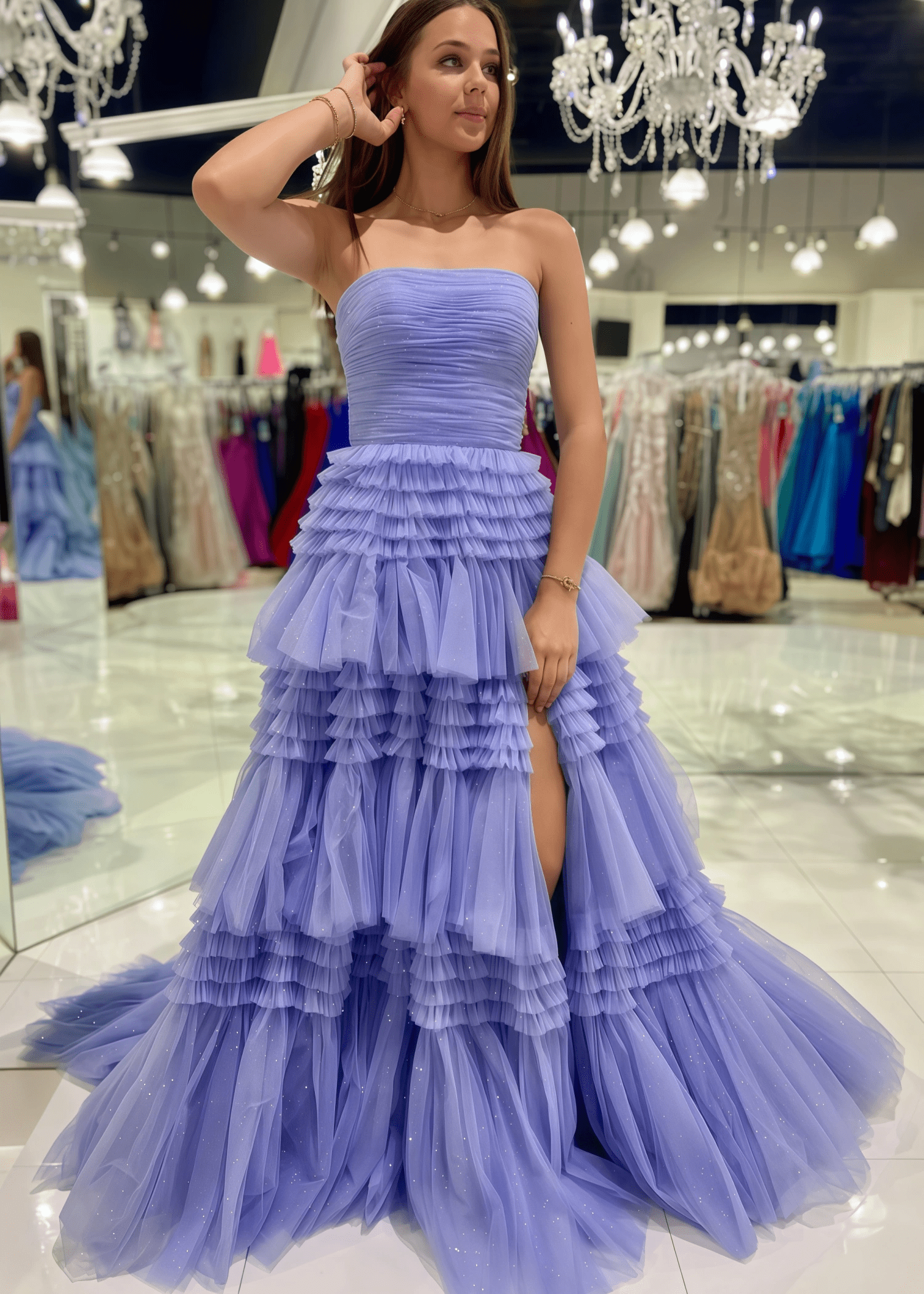 Hazel | Burgundy Red A Line Strapless Corser Tulle Ruffle Prom Dress with Slit - Lilac - PromDressClub