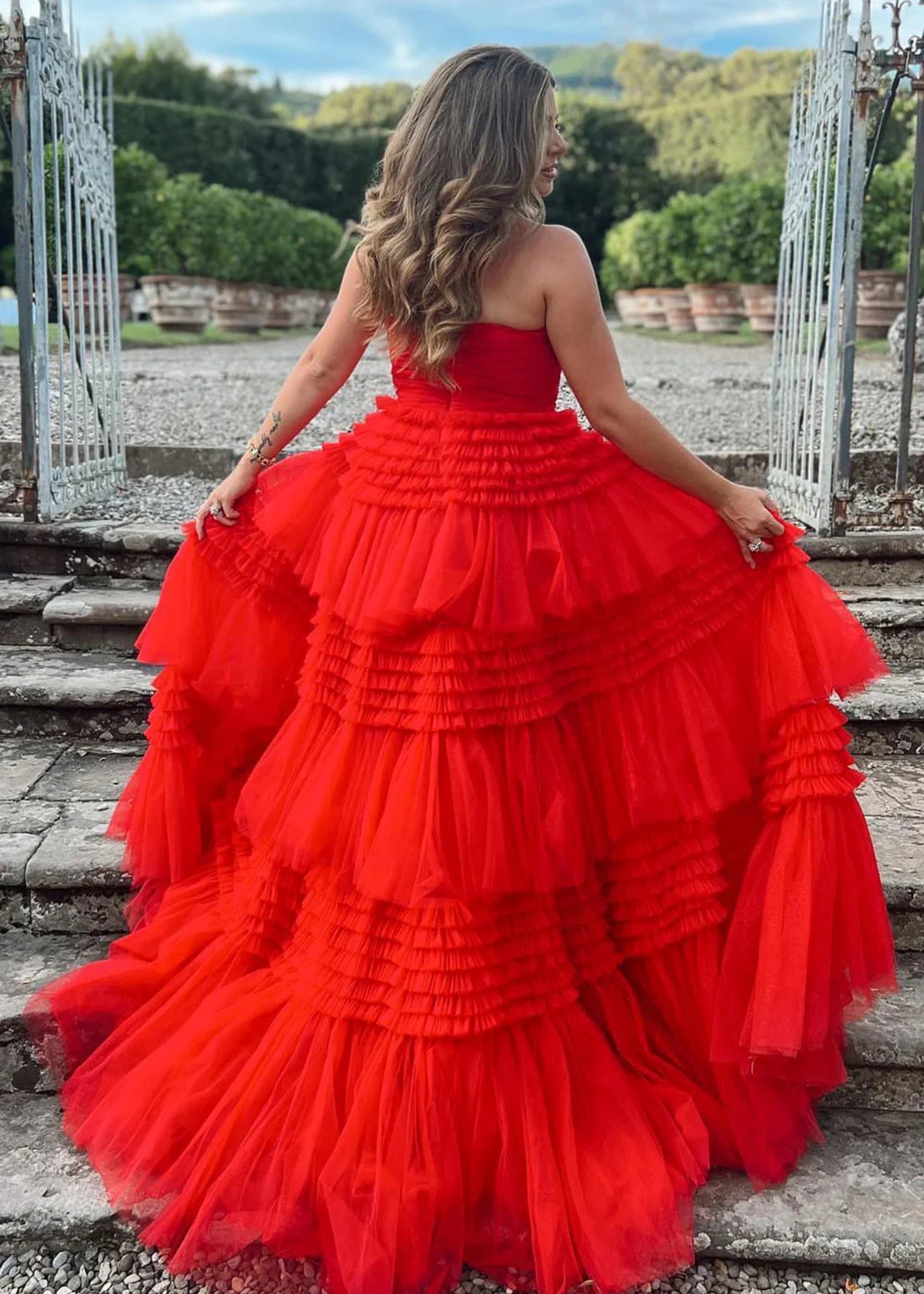 Hazel | Burgundy Red A Line Strapless Corser Tulle Ruffle Prom Dress with Slit - Red - PromDressClub