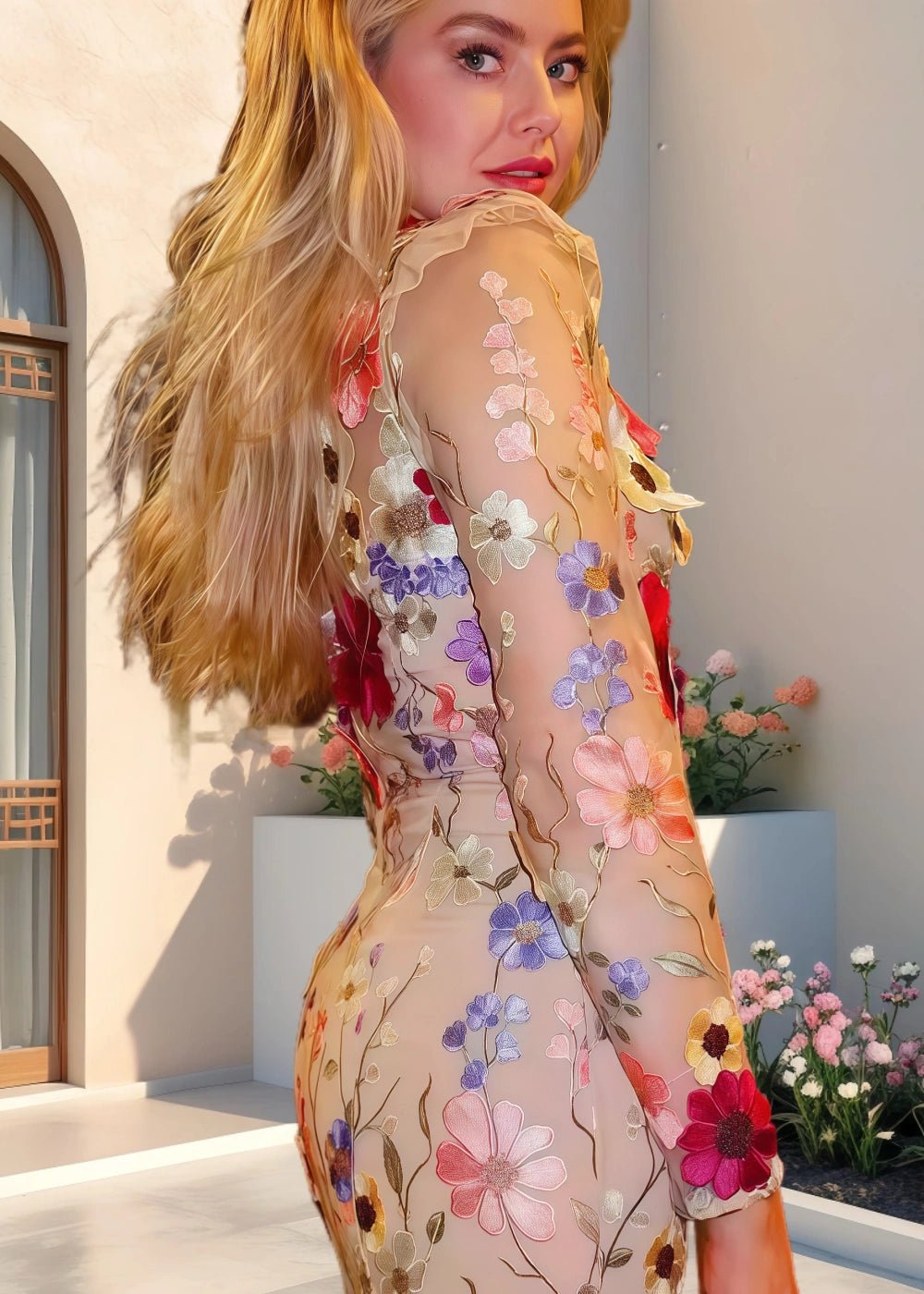 Hazel  | Elegant Champagne Tulle High Neck Long Sleeve Flower Prom Dress - Champagne Floral - PromDressClub