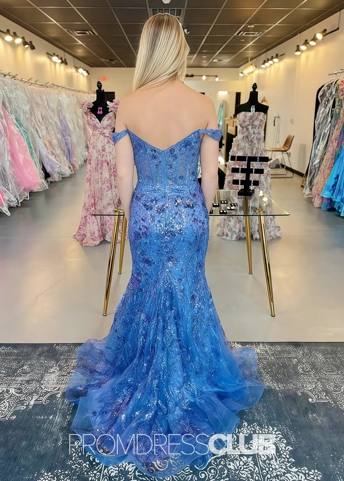 Hazel |Long Black Prom Dresses Near Me With Sequins Mermaid Off the Shoulder Split - Price #price_variant_lowest# - Dark Blue - PromDressClub