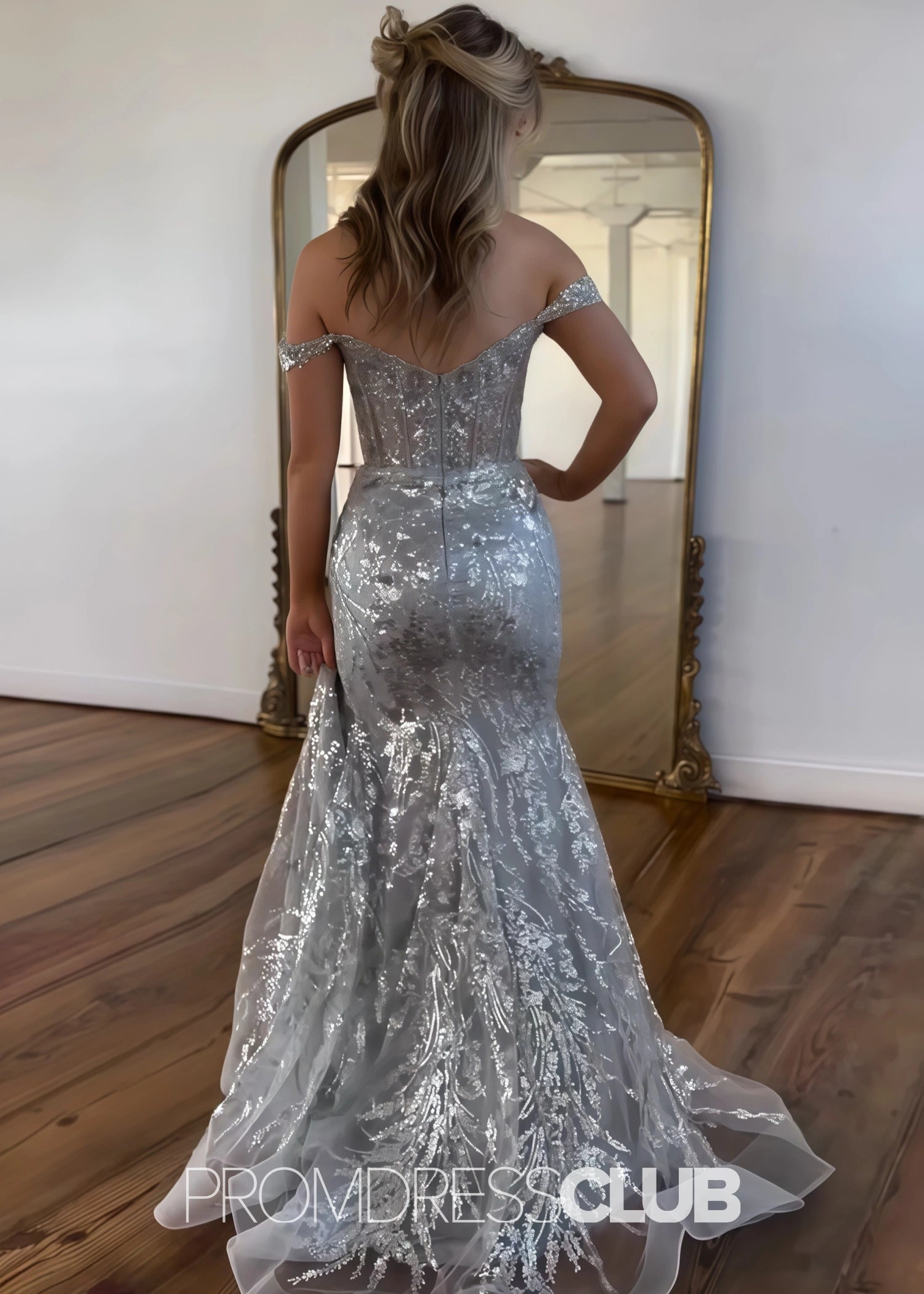 Hazel |Long Black Prom Dresses Near Me With Sequins Mermaid Off the Shoulder Split - Price #price_variant_lowest# - Silver - PromDressClub