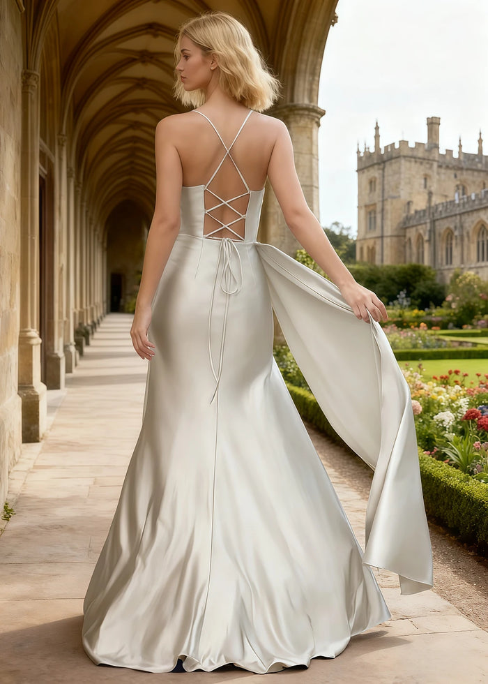 Hazel White Satin Cowl Neck Prom Dress | Sheath Spaghetti Strap Pleated Evening Dress with Slit - White - PromDressClub