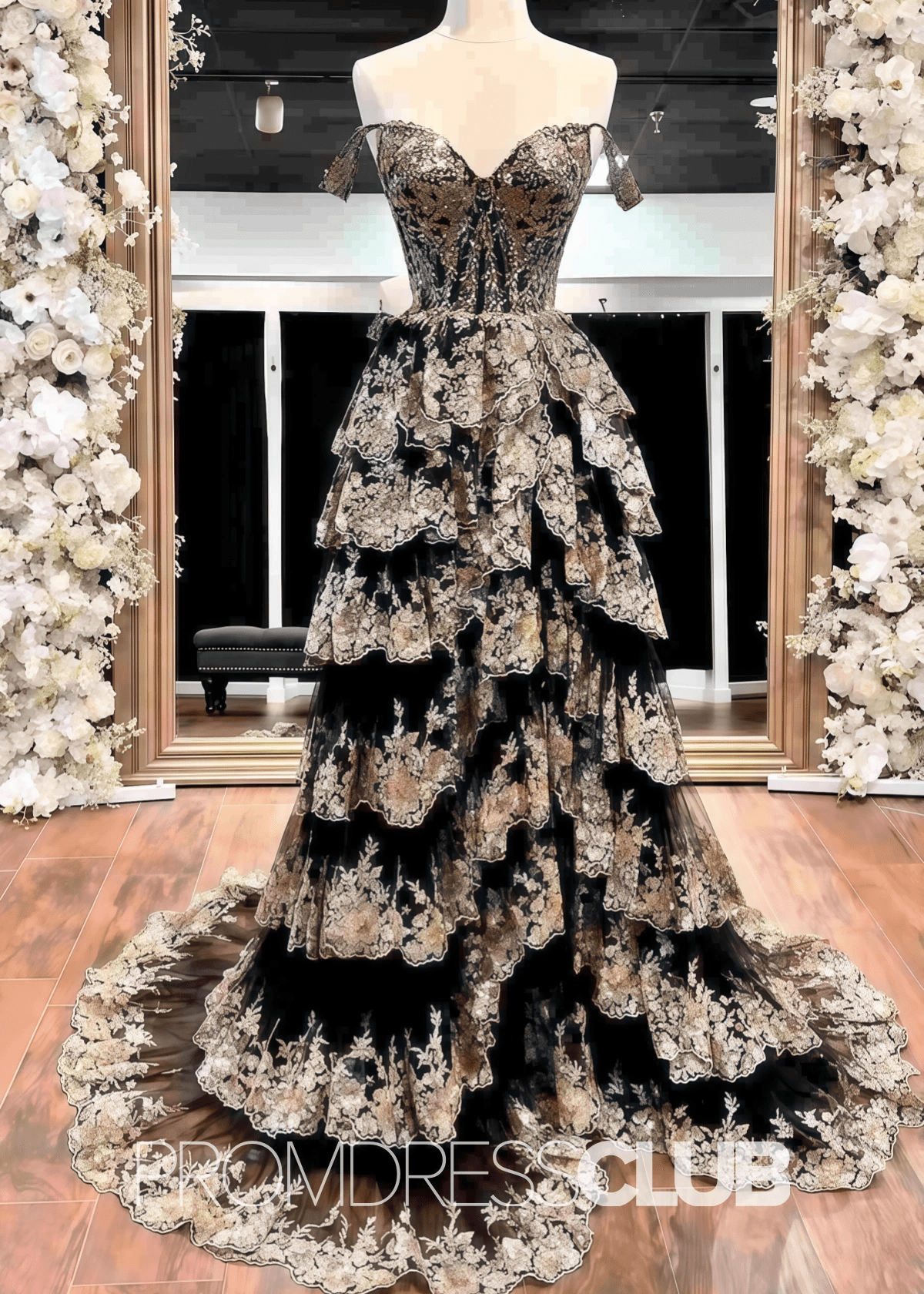 Hedda | Long Black and Gold Sequin Prom Dress A Line Off the Shoulder with Slit - Price #price_variant_lowest# - Black - PromDressClub