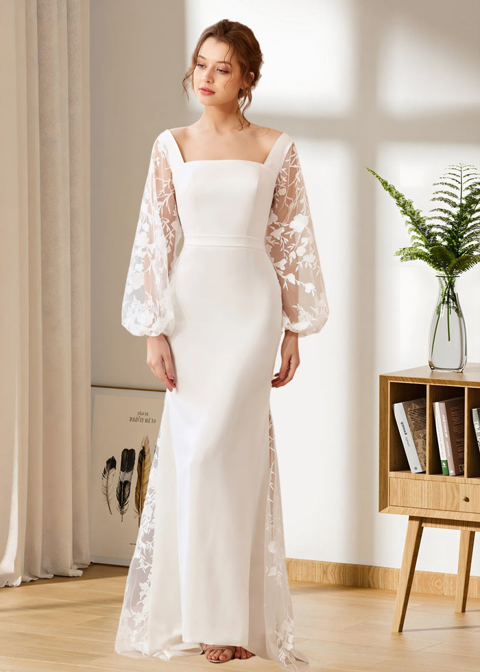 Hedda | Mermaid Square Neck Long Sleeve Backless White Satin Wedding Dress with Bow - Price #price_variant_lowest# - White - PromDressClub