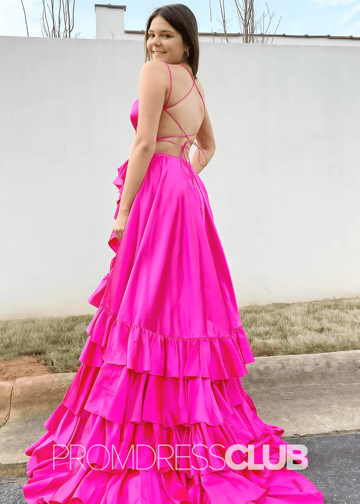 Hedy | A Line Lace - Up Ruffle Long Red Prom Dress - Fuchsia - PromDressClub