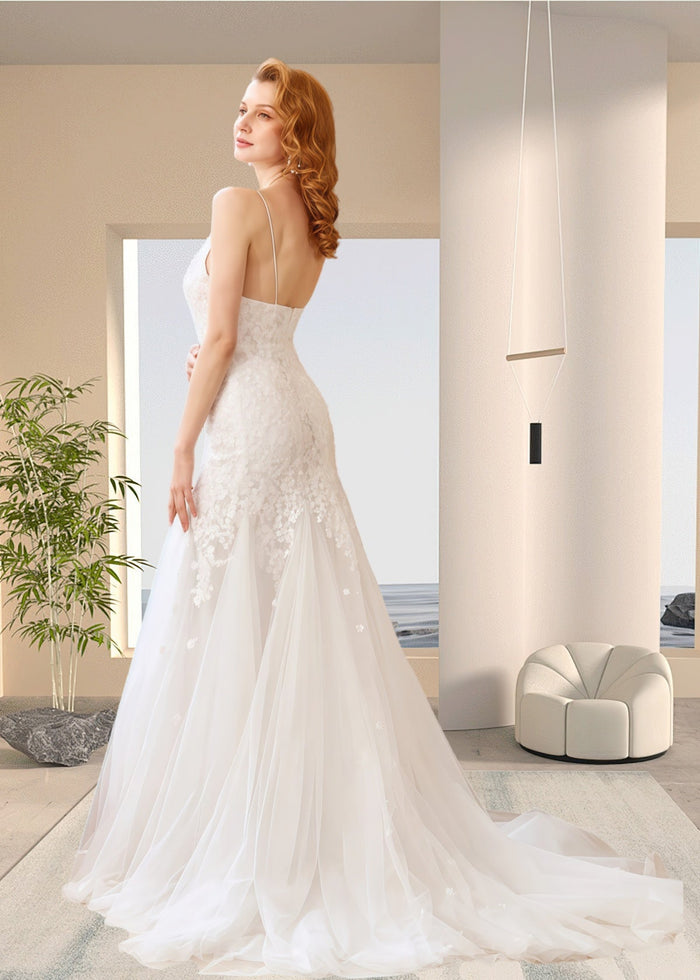 Helen | Boho Mermaid Spaghetti Strap Open Back White Lace Wedding Dress with Sweep Train - Price #price_variant_lowest# - White - PromDressClub