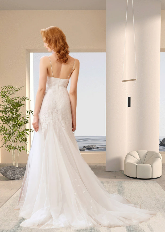 Helen | Boho Mermaid Spaghetti Strap Open Back White Lace Wedding Dress with Sweep Train - Price #price_variant_lowest# - White - PromDressClub