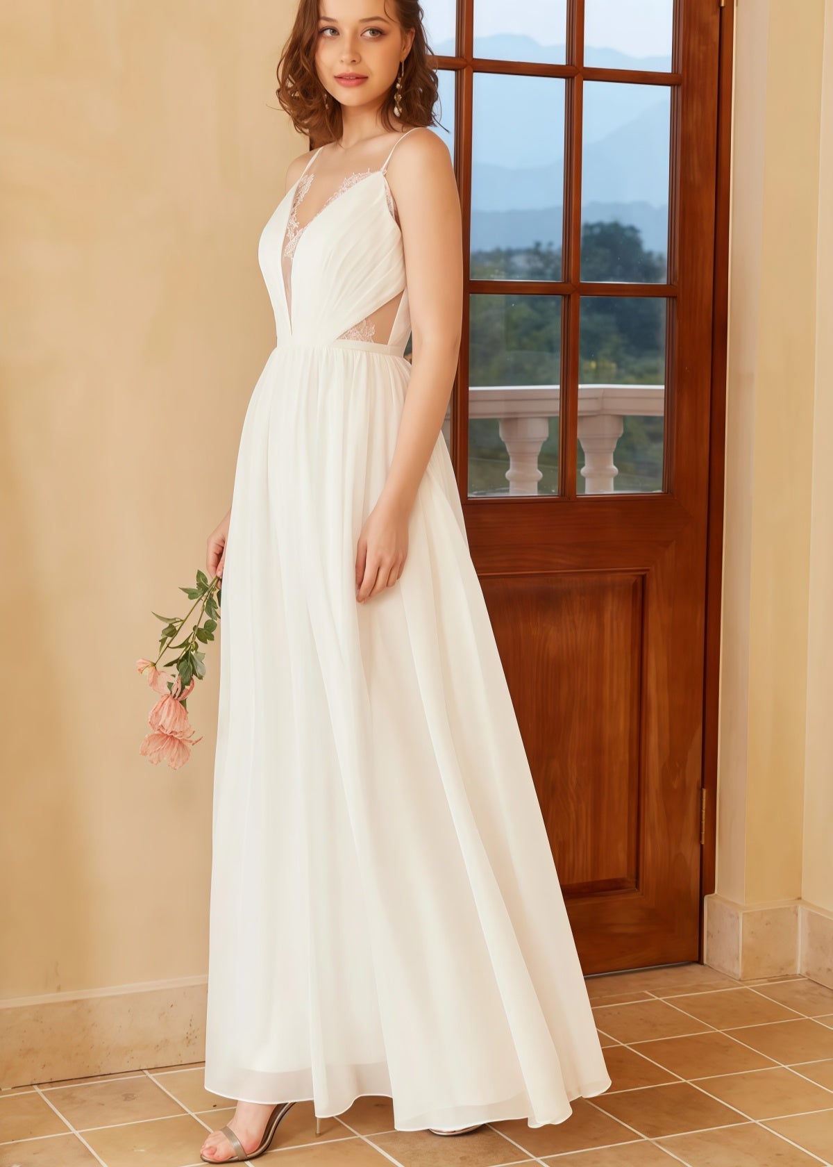 Heloise | Boho A Line Spaghetti Strap Backless Corset White Wedding Dress with V Neck - Price #price_variant_lowest# - White - PromDressClub