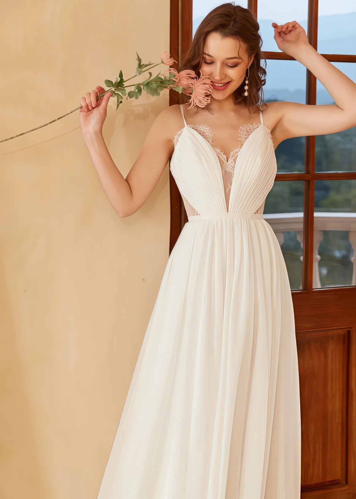 Heloise | Boho A Line Spaghetti Strap Backless Corset White Wedding Dress with V Neck - Price #price_variant_lowest# - White - PromDressClub