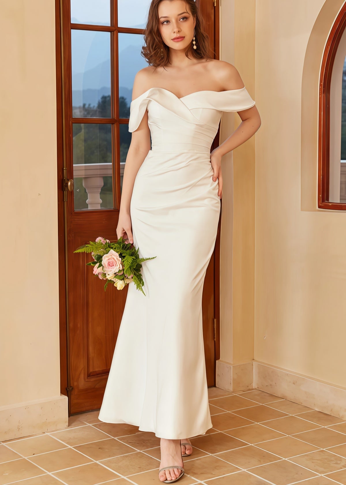 Hermosa | Mermaid Boho Off the Shoulder White Satin Wedding Dress with Backless - Price #price_variant_lowest# - White - PromDressClub