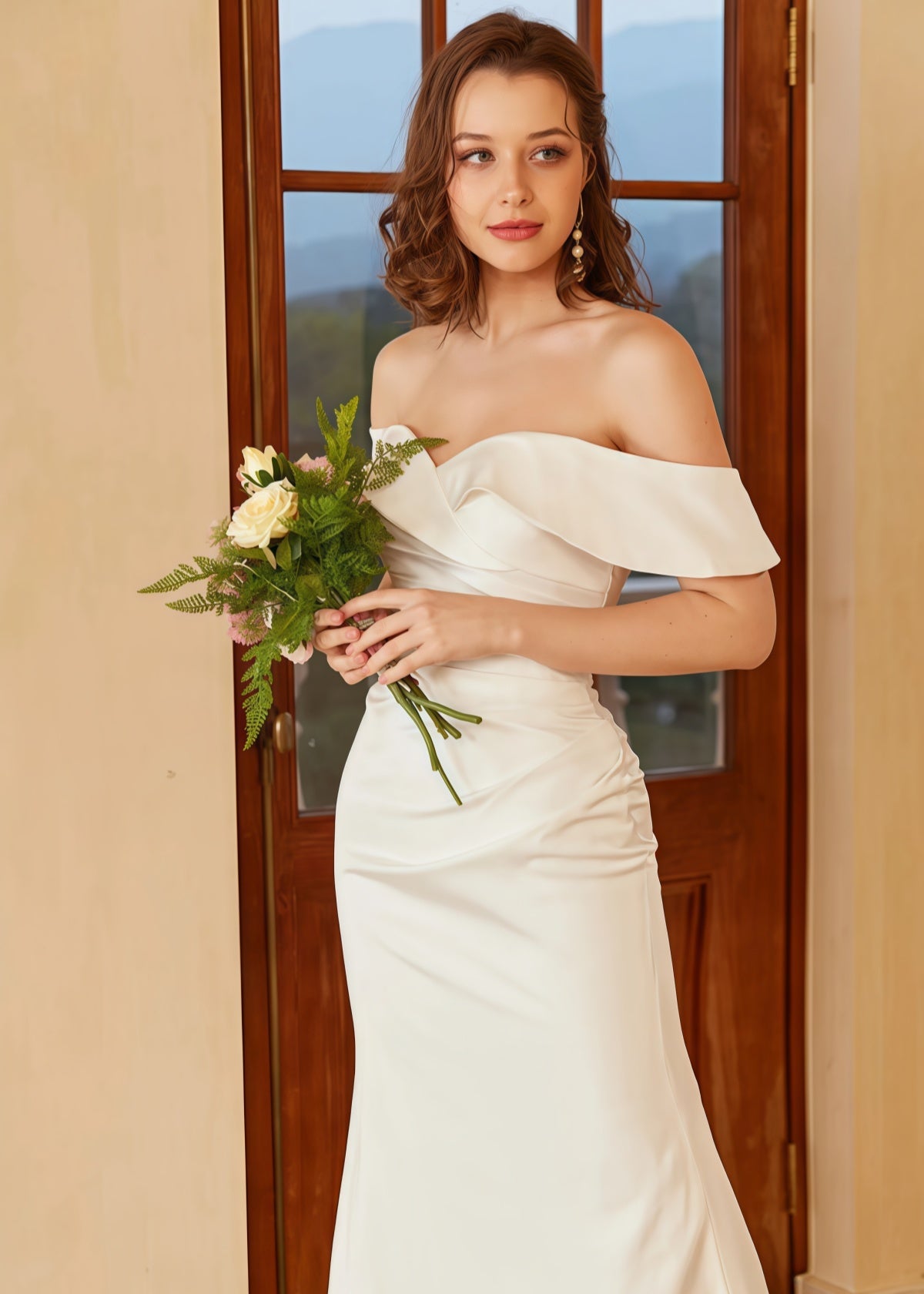 Hermosa | Mermaid Boho Off the Shoulder White Satin Wedding Dress with Backless - Price #price_variant_lowest# - White - PromDressClub