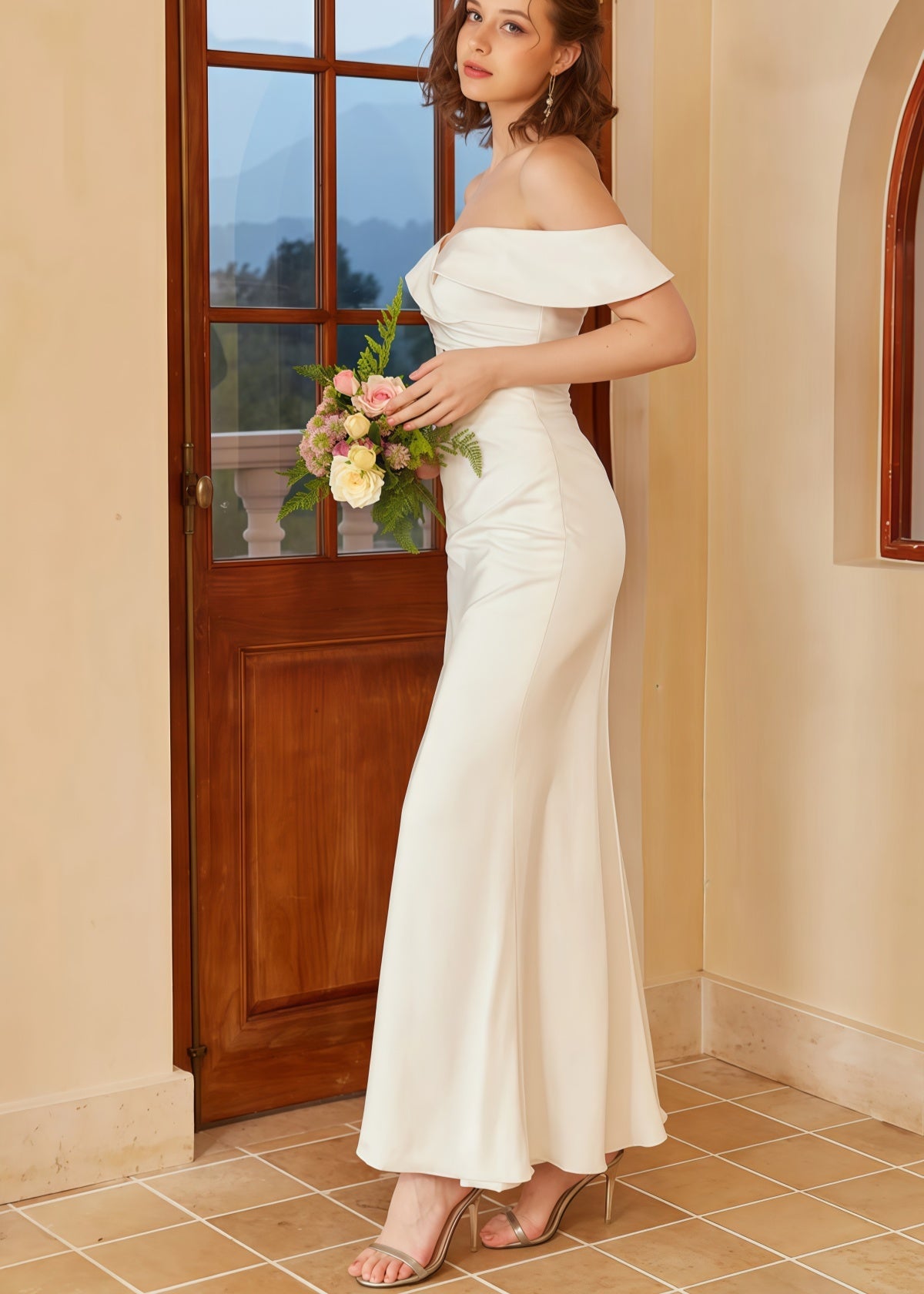 Hermosa | Mermaid Boho Off the Shoulder White Satin Wedding Dress with Backless - Price #price_variant_lowest# - White - PromDressClub