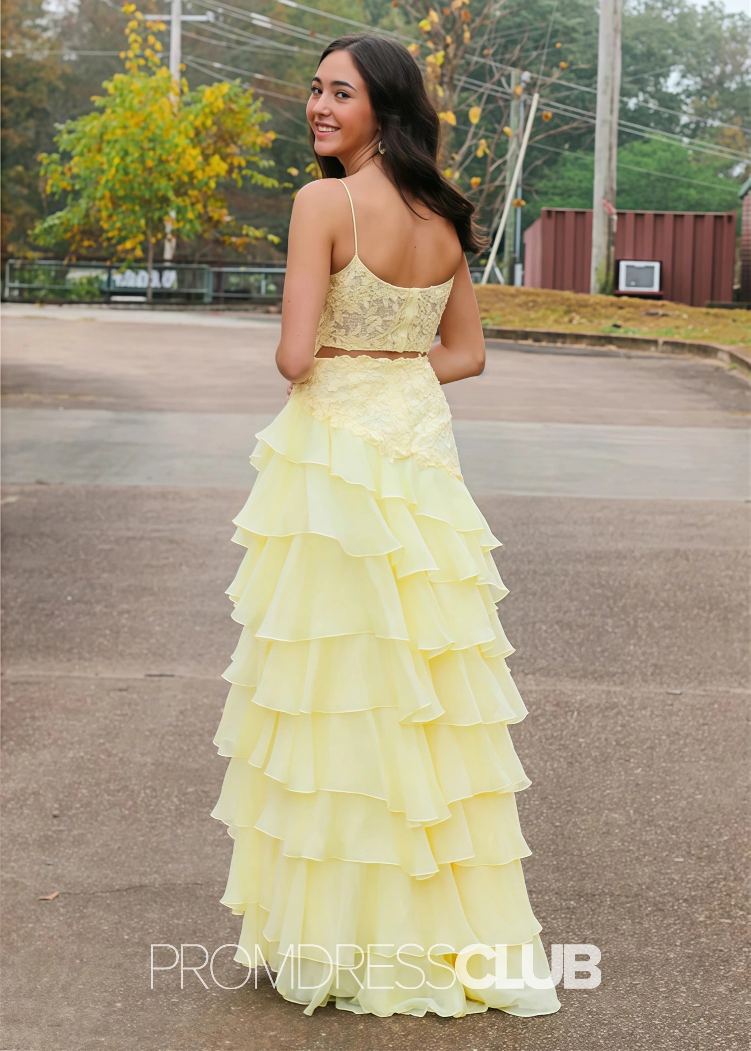 Hilary |Long Yellow Prom Dresses Stores With A Line Elegant Layered Lace Side Slit - Price #price_variant_lowest# - Yellow - PromDressClub