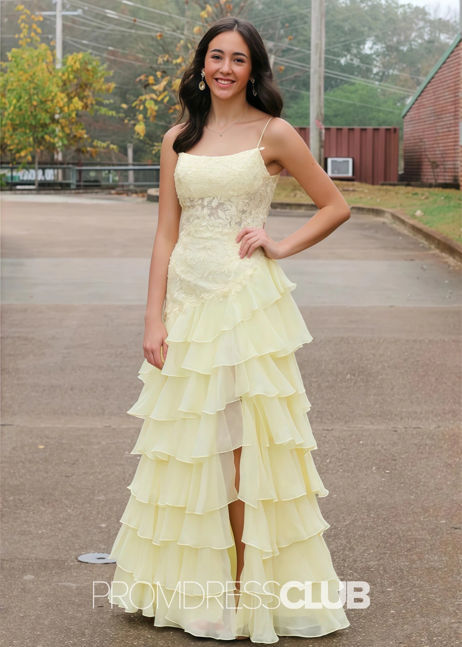 Hilary |Long Yellow Prom Dresses Stores With A Line Elegant Layered Lace Side Slit - Price #price_variant_lowest# - Yellow - PromDressClub