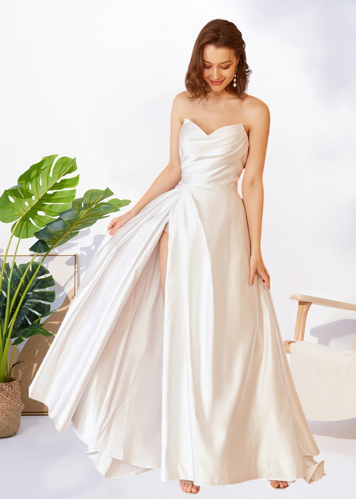 Hilda | A Line Strapless Sweetheart Neck Pleated White Satin Wedding Dress with Slit - Price #price_variant_lowest# - White - PromDressClub
