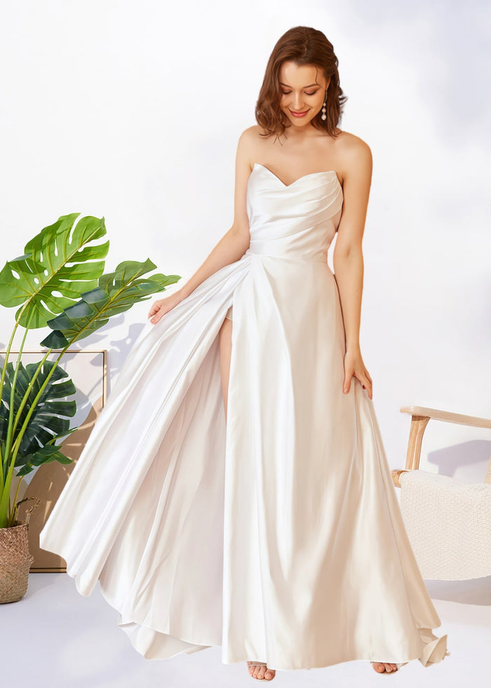 Hilda | A Line Strapless Sweetheart Neck Pleated White Satin Wedding Dress with Slit - Price #price_variant_lowest# - White - PromDressClub