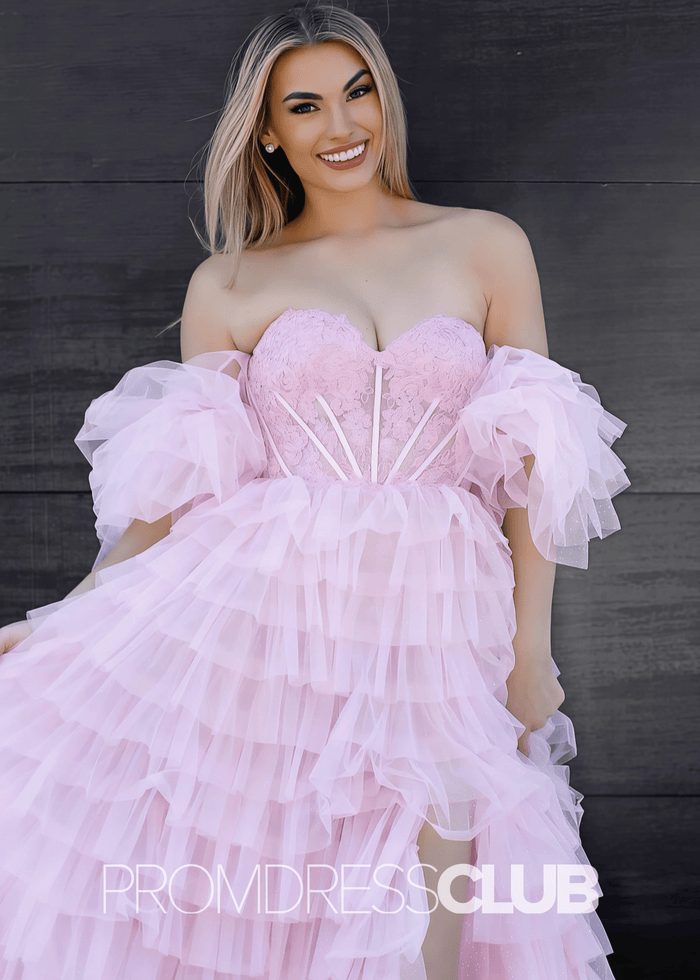 Hilda | Multi - Tiered Ruffles Glitter Light Pink Tulle Maxi Prom Dress - Price #price_variant_lowest# - Light Pink - PromDressClub