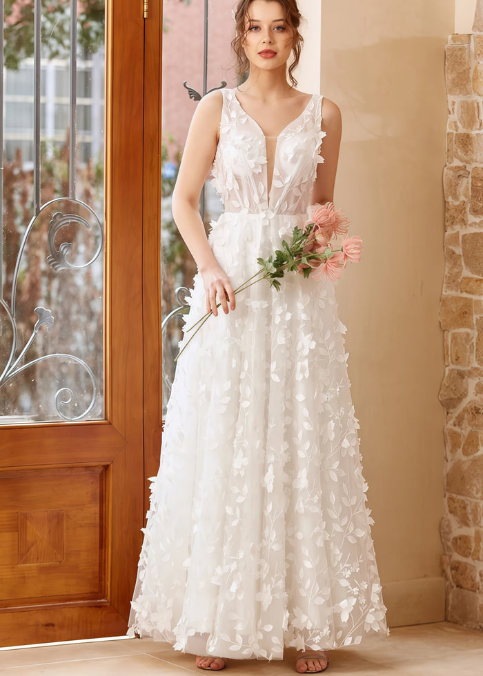 Honey | 3D Appliques Lace Corset V Neck White Tulle Wedding Dress with Open Back - Price #price_variant_lowest# - White - PromDressClub