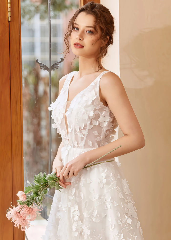 Honey | 3D Appliques Lace Corset V Neck White Tulle Wedding Dress with Open Back - Price #price_variant_lowest# - White - PromDressClub