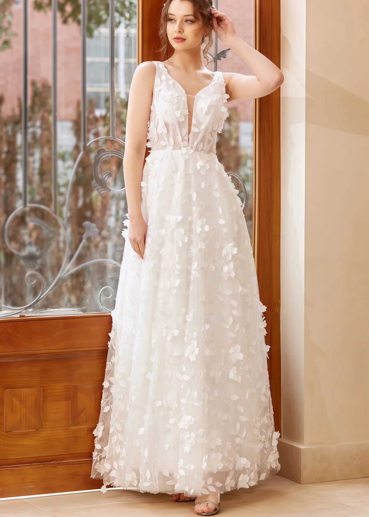 Honey | 3D Appliques Lace Corset V Neck White Tulle Wedding Dress with Open Back - Price #price_variant_lowest# - White - PromDressClub