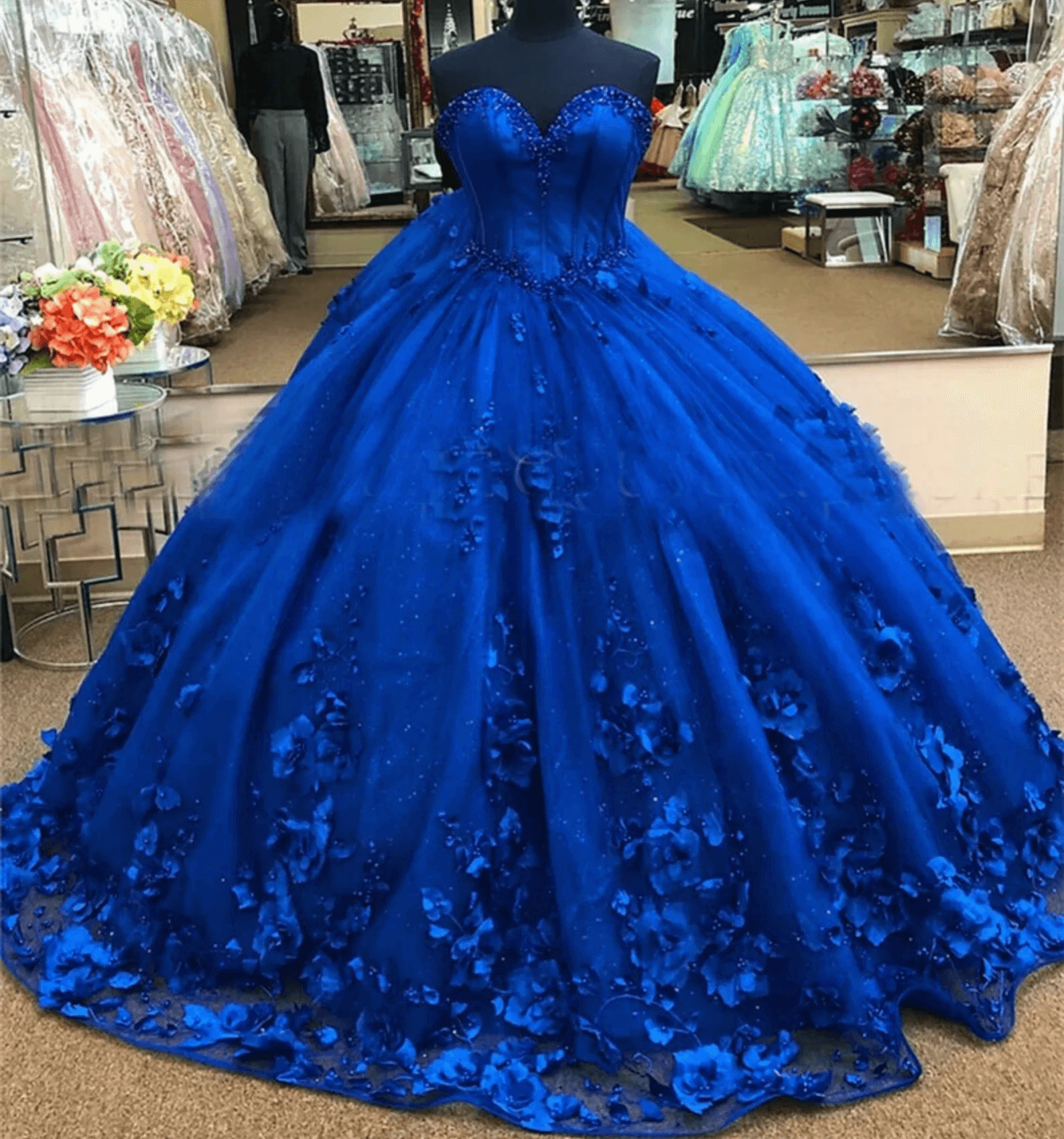 Linda |Hot Sweetheart Royal Blue Quince Dress Beaded Flowers with Bow - Royal Blue - PromDressClub
