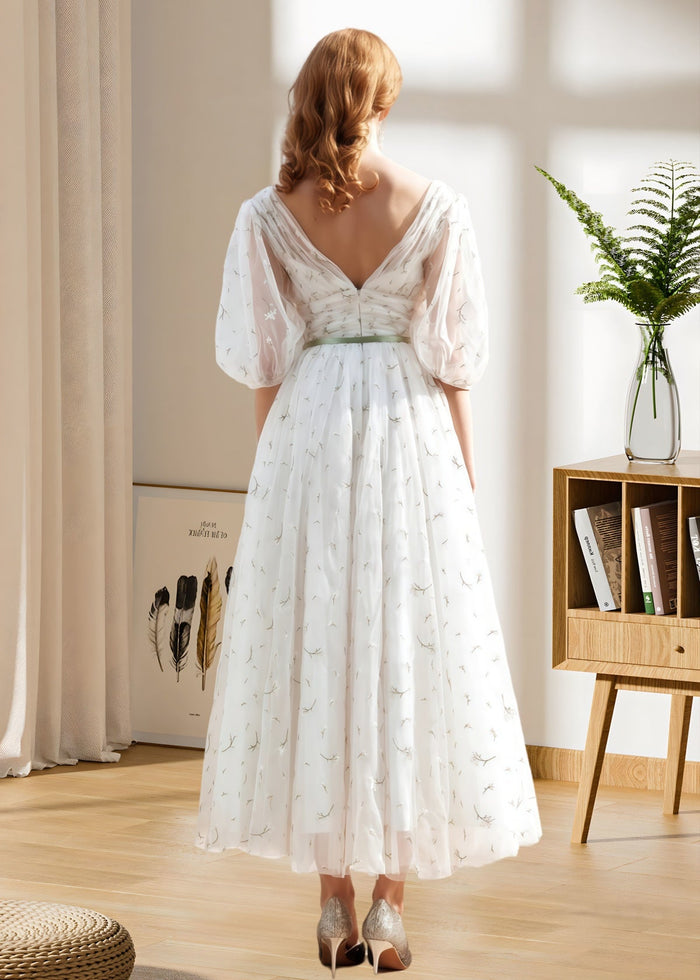 Hulda | Puff Sleeve V Neck Midi Floral Wedding Dress A Line - Price #price_variant_lowest# - Green Floral - PromDressClub