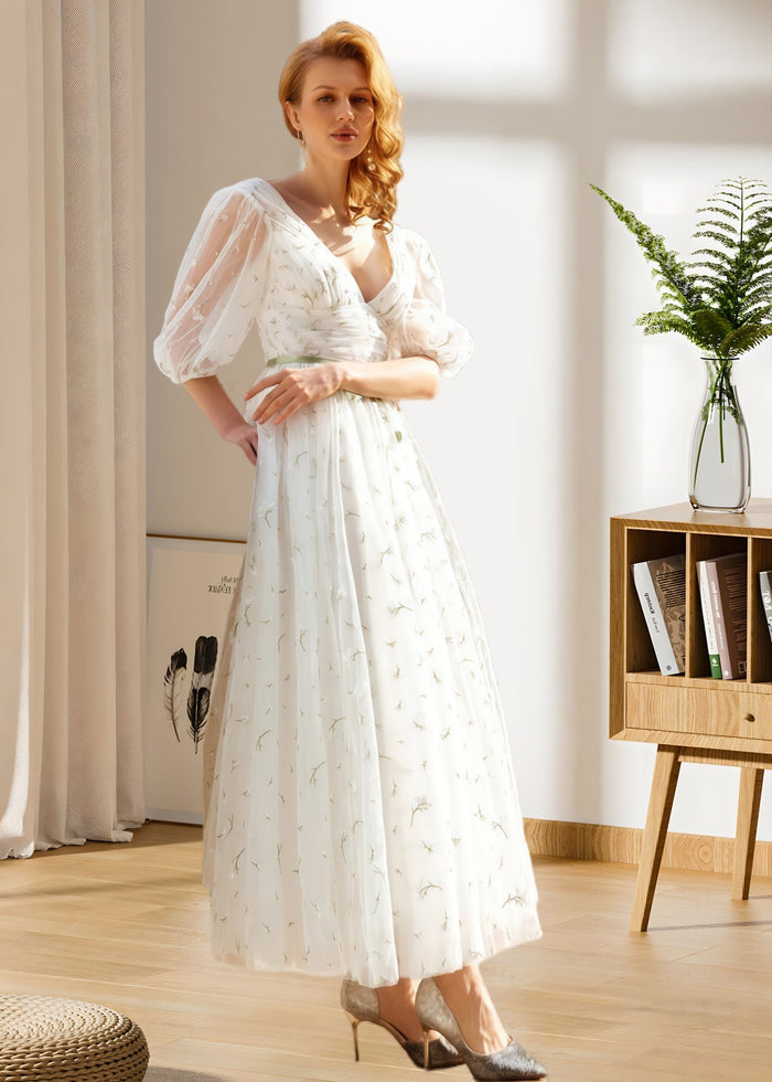 Hulda | Puff Sleeve V Neck Midi Floral Wedding Dress A Line - Price #price_variant_lowest# - Green Floral - PromDressClub