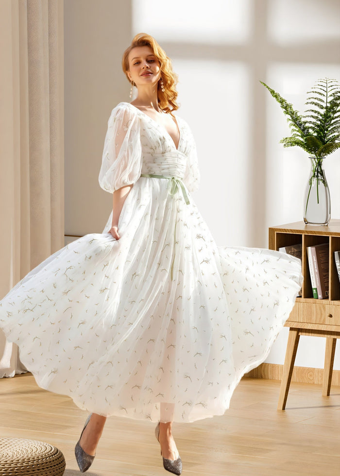 Hulda | Puff Sleeve V Neck Midi Floral Wedding Dress A Line - Price #price_variant_lowest# - Green Floral - PromDressClub