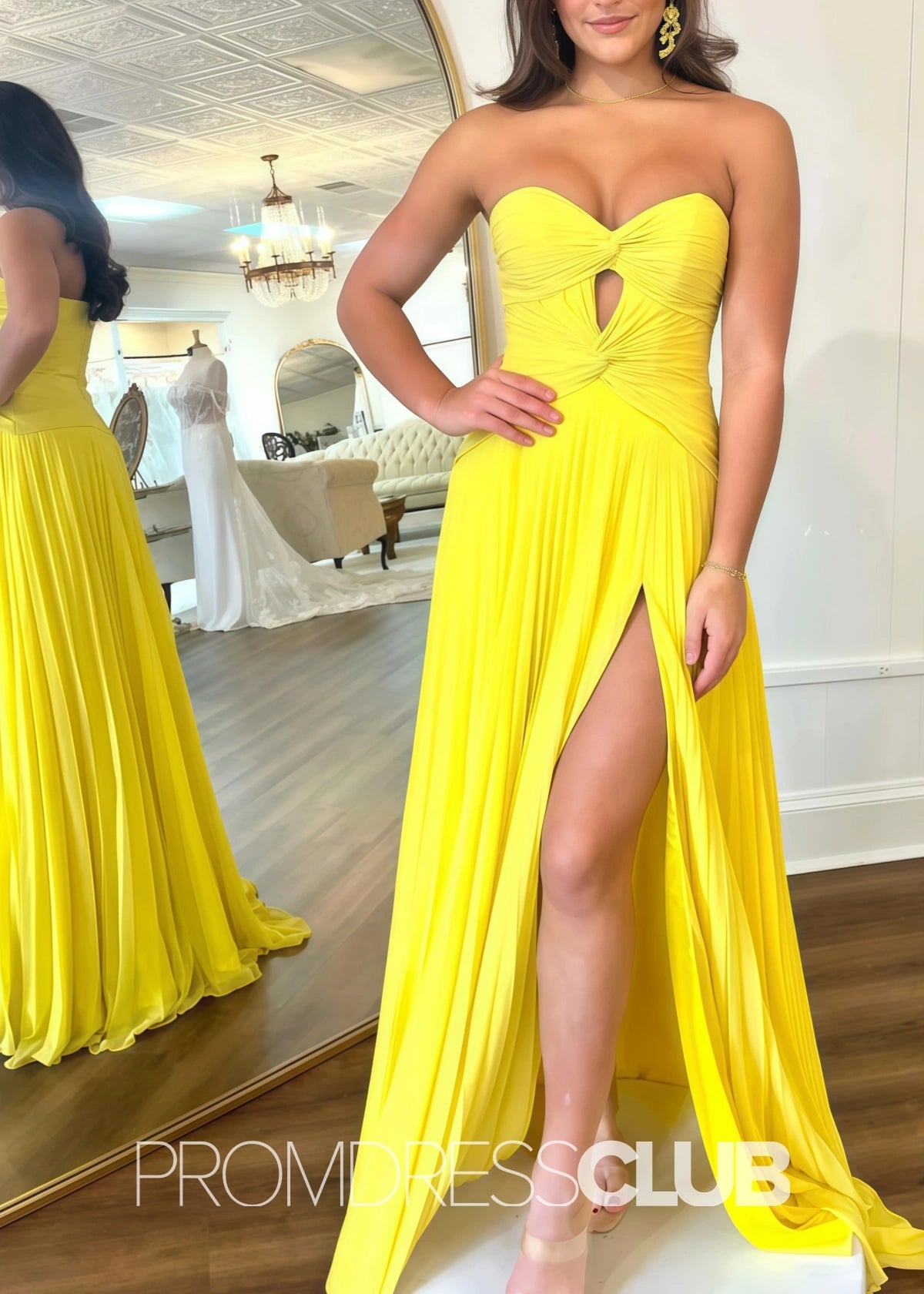 Ida | Strapless Keyhole Pleated Hot Pink Maxi Prom Dress - Yellow - PromDressClub