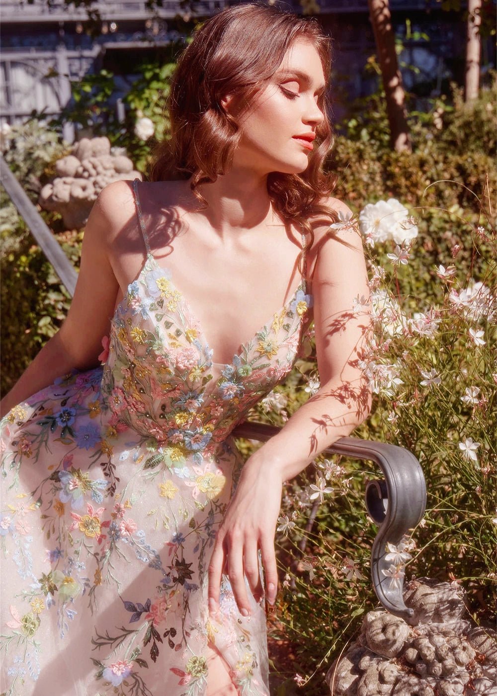 Imogen | Black Tie Ivory Floral Corset Wedding Guest Dress with Slit - Ivory Floral - PromDressClub