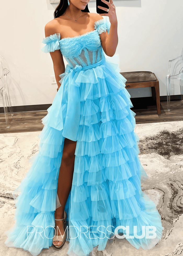 Ina | Appliqued Tiered Ruffles Royal Blue Tulle Maxi Prom Dress - Light Blue - PromDressClub