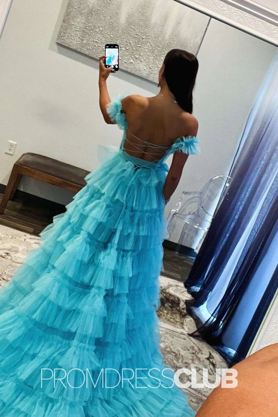 Ina | Appliqued Tiered Ruffles Royal Blue Tulle Maxi Prom Dress - Light Blue - PromDressClub