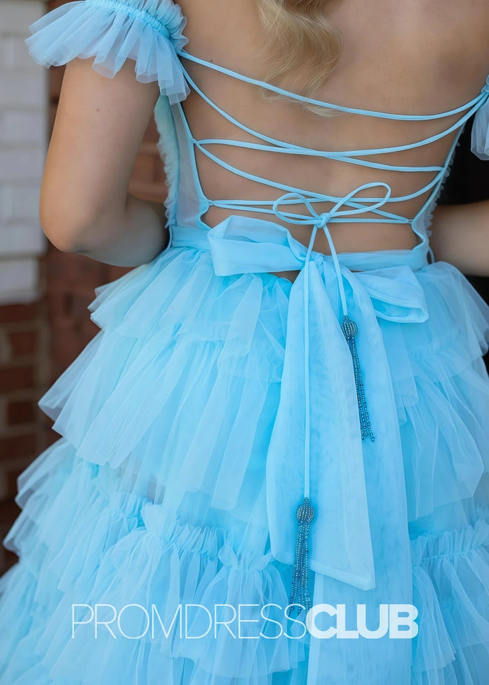Ina | Appliqued Tiered Ruffles Royal Blue Tulle Maxi Prom Dress - Light Blue - PromDressClub
