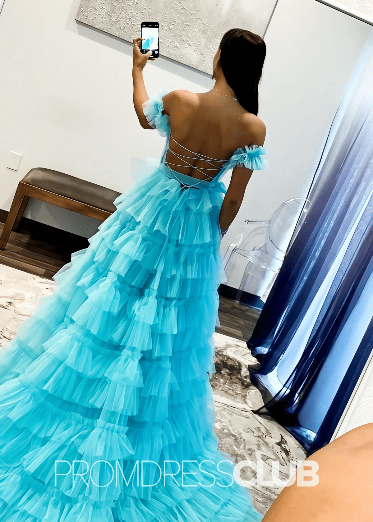 Ina | Appliqued Tiered Ruffles Royal Blue Tulle Maxi Prom Dress - Light Blue - PromDressClub