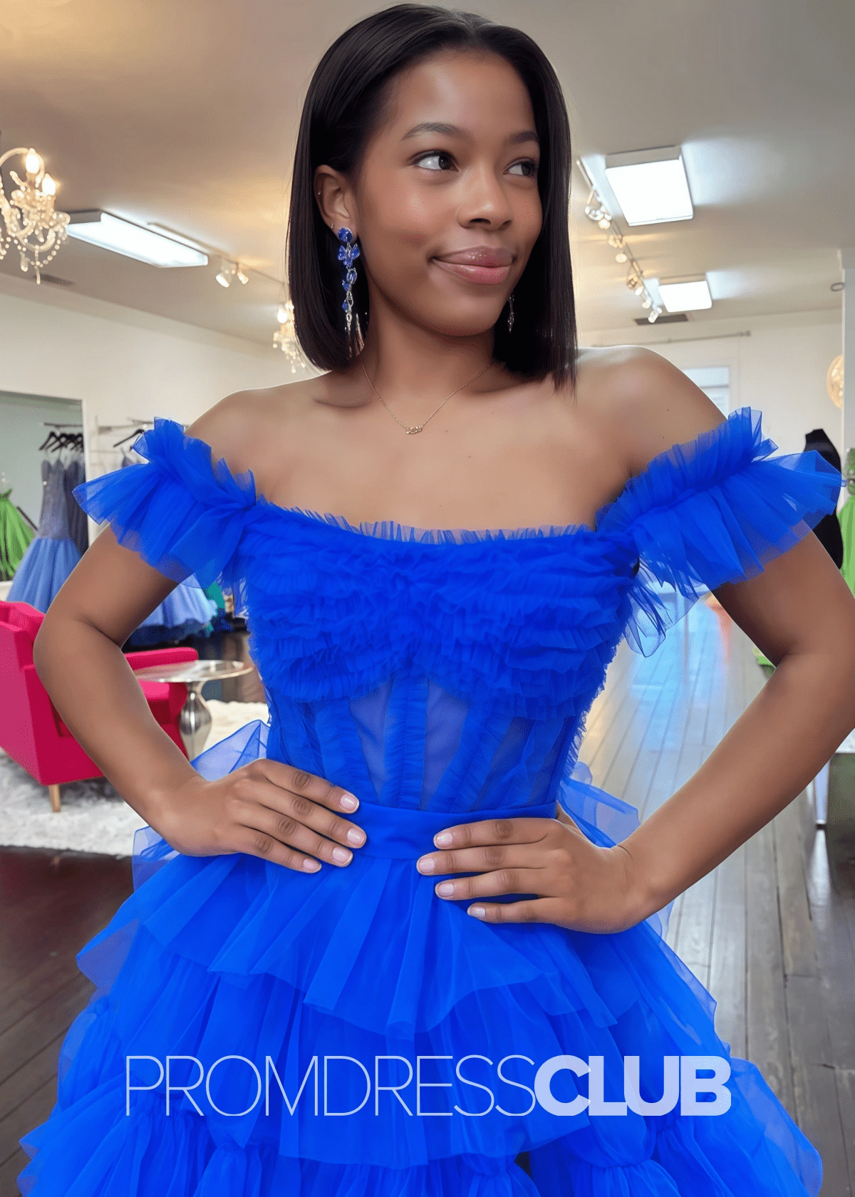 Ina | Appliqued Tiered Ruffles Royal Blue Tulle Maxi Prom Dress - Royal Blue - PromDressClub