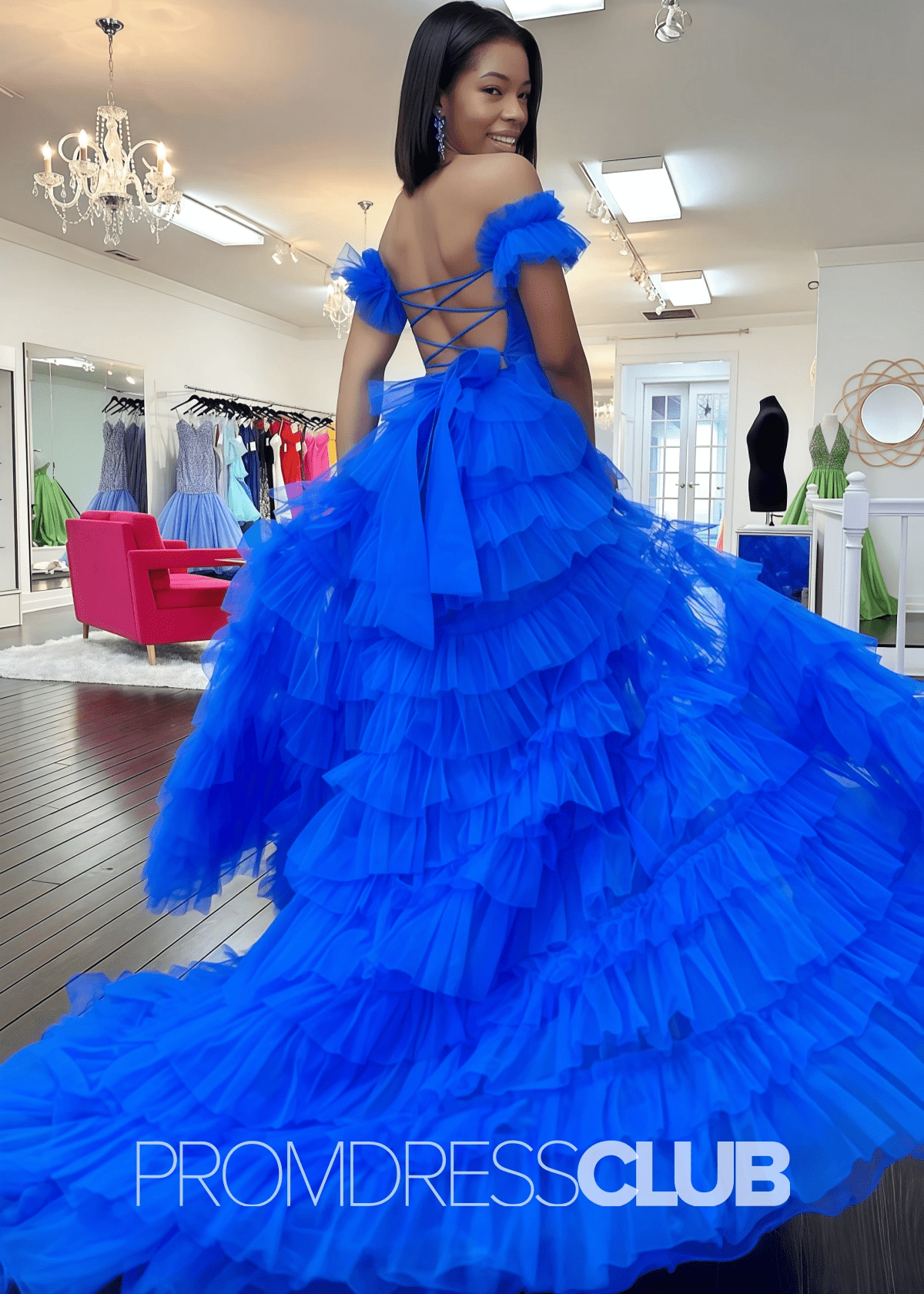 Ina | Appliqued Tiered Ruffles Royal Blue Tulle Maxi Prom Dress - Price #price_variant_lowest# - Royal Blue - PromDressClub