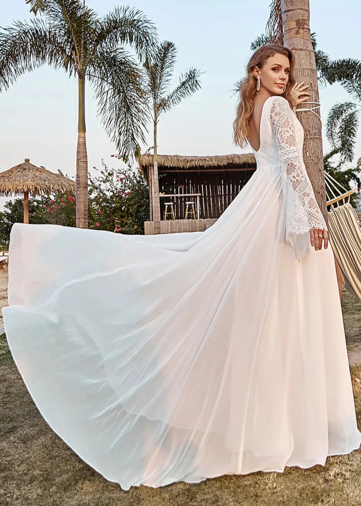 Ina | Boho Ivory Long Sleeve Wedding Dress with Slit - Price #price_variant_lowest# - Ivory - PromDressClub