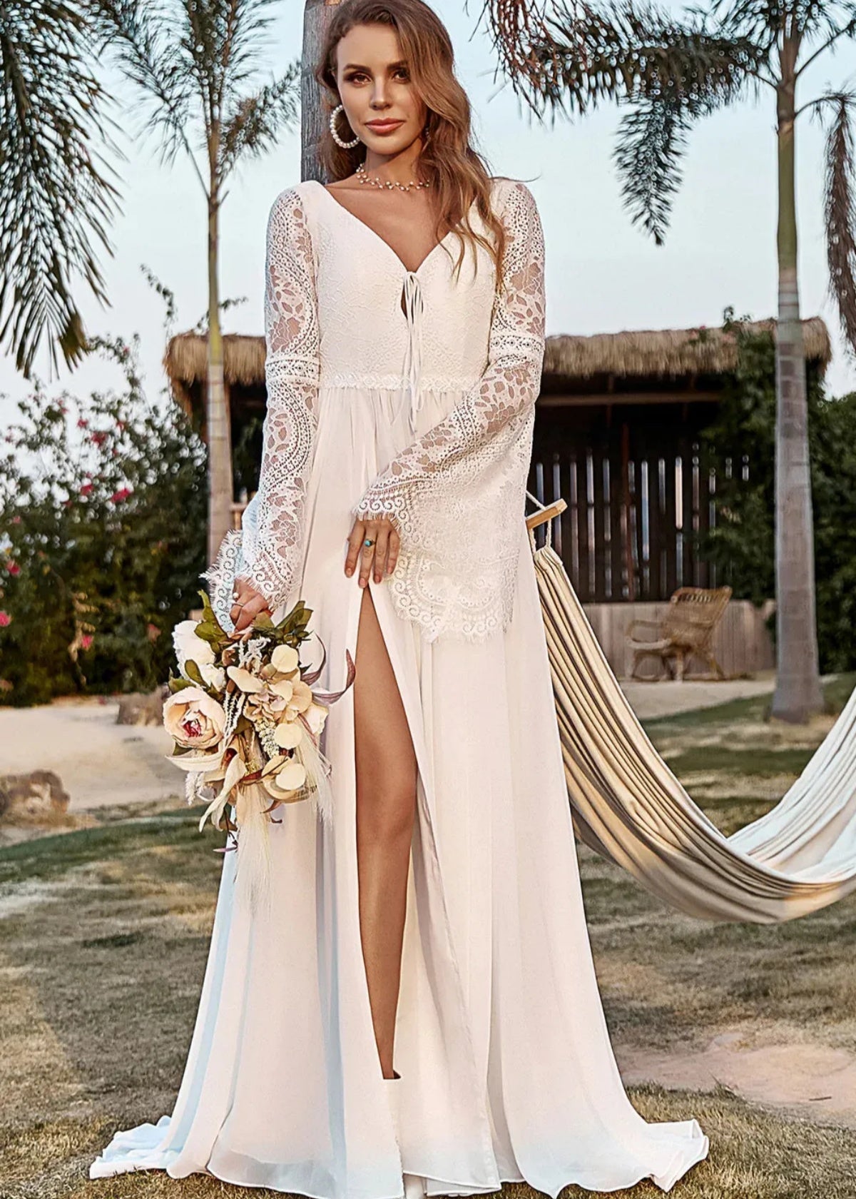 Ina | Boho Ivory Long Sleeve Wedding Dress with Slit - Price #price_variant_lowest# - Ivory - PromDressClub