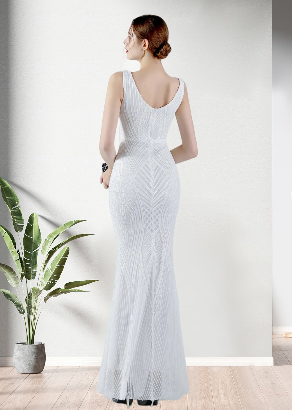 Ingrid | Mermaid V Neck Backless White Sequin Formal Dress - Price #price_variant_lowest# - White - PromDressClub